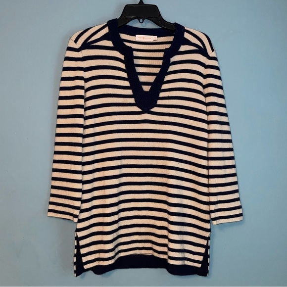 Tory Burch Striped Split Neck Cashmere Lizzie Tunic Sweater Size Medium - Picture 1 of 9